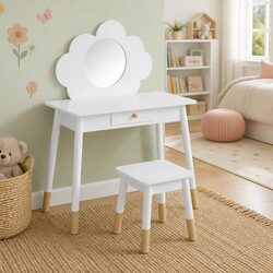 Kids Dressing Table Set: 75cm Wide, White Wooden Leg Design