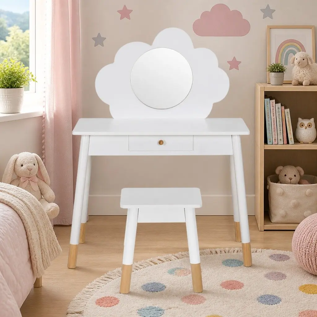 Kids Dressing Table Set for Playroom with Mirror and Drawer White Wooden Legs