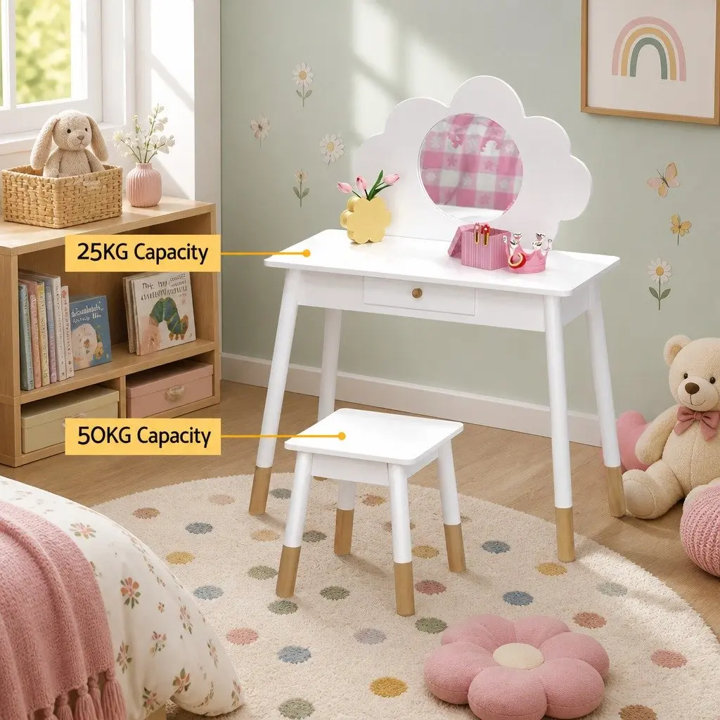 Kids Dressing Table Set for Playroom with Mirror and Drawer White Wooden Legs