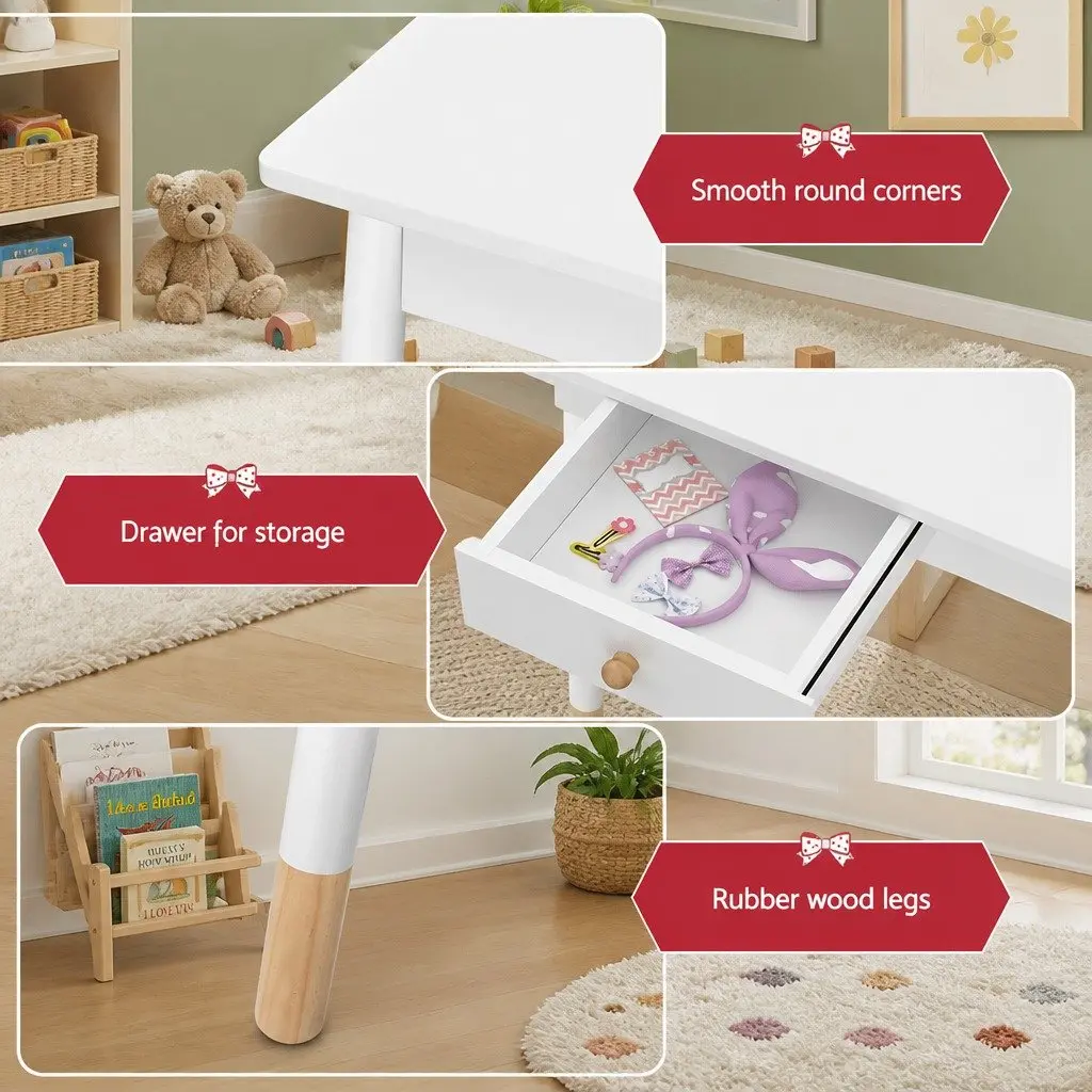 Kids Dressing Table Set for Playroom with Mirror and Drawer White Wooden Legs