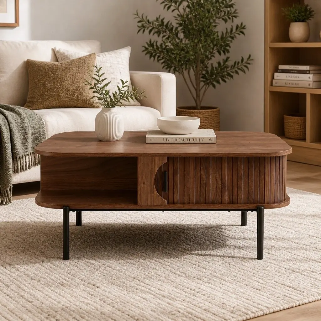 Coffee Table Living Room Walnut 100cm x 50cm x 43cm with Open Shelves and Storage Cabinets