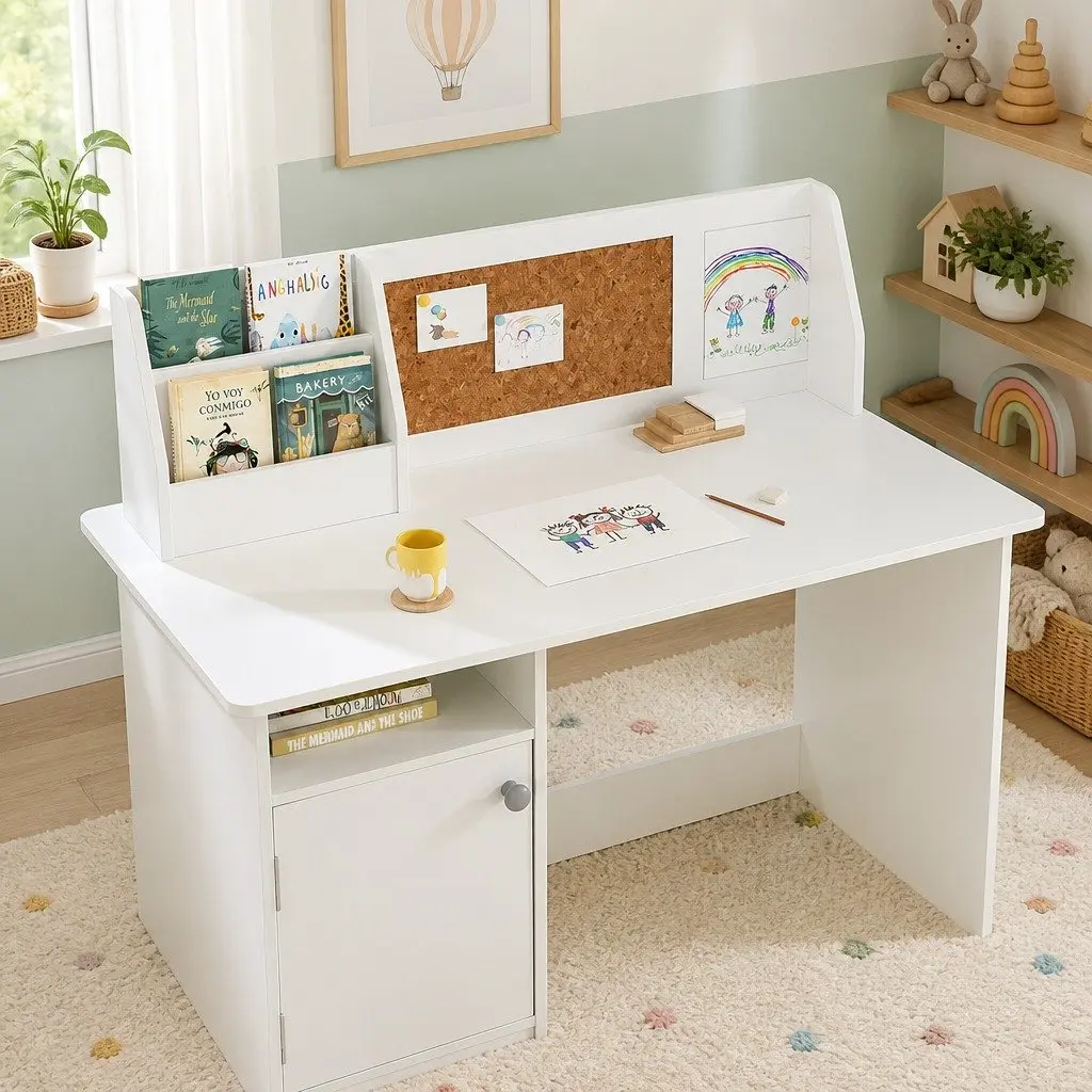 Kids Table and Chair Set Children Study Desk Storage Cabinet White Furniture