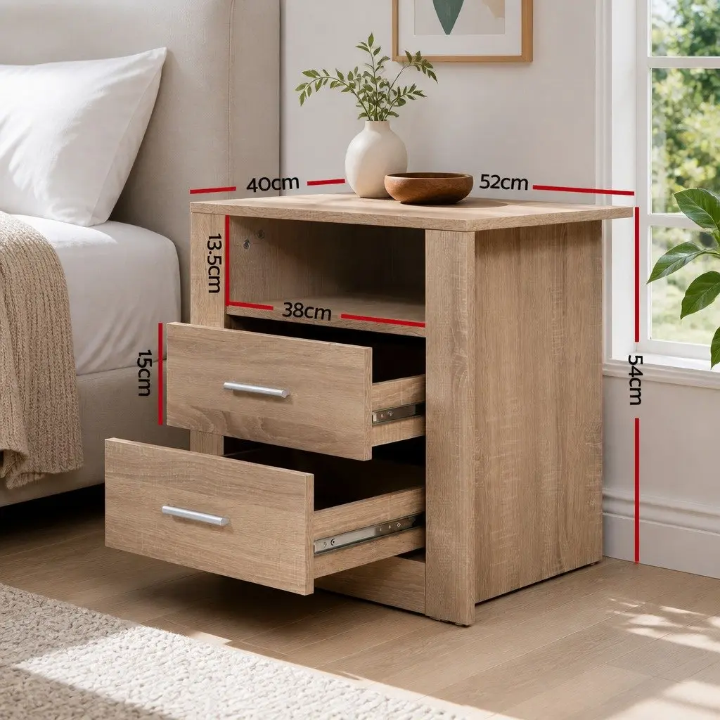 Bedside Table 2 Drawers with Shelf Oak Nightstand Storage Bedroom Furniture