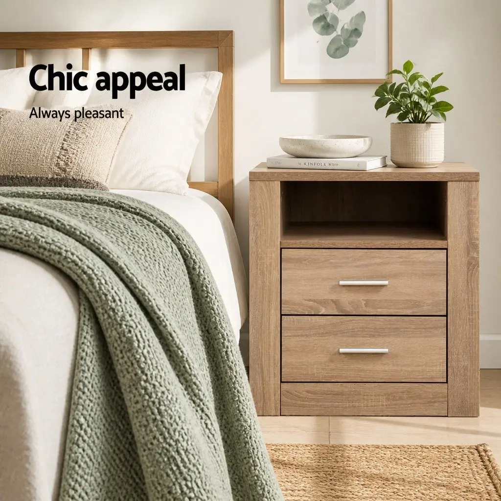 Bedside Table 2 Drawers with Shelf Oak Nightstand Storage Bedroom Furniture
