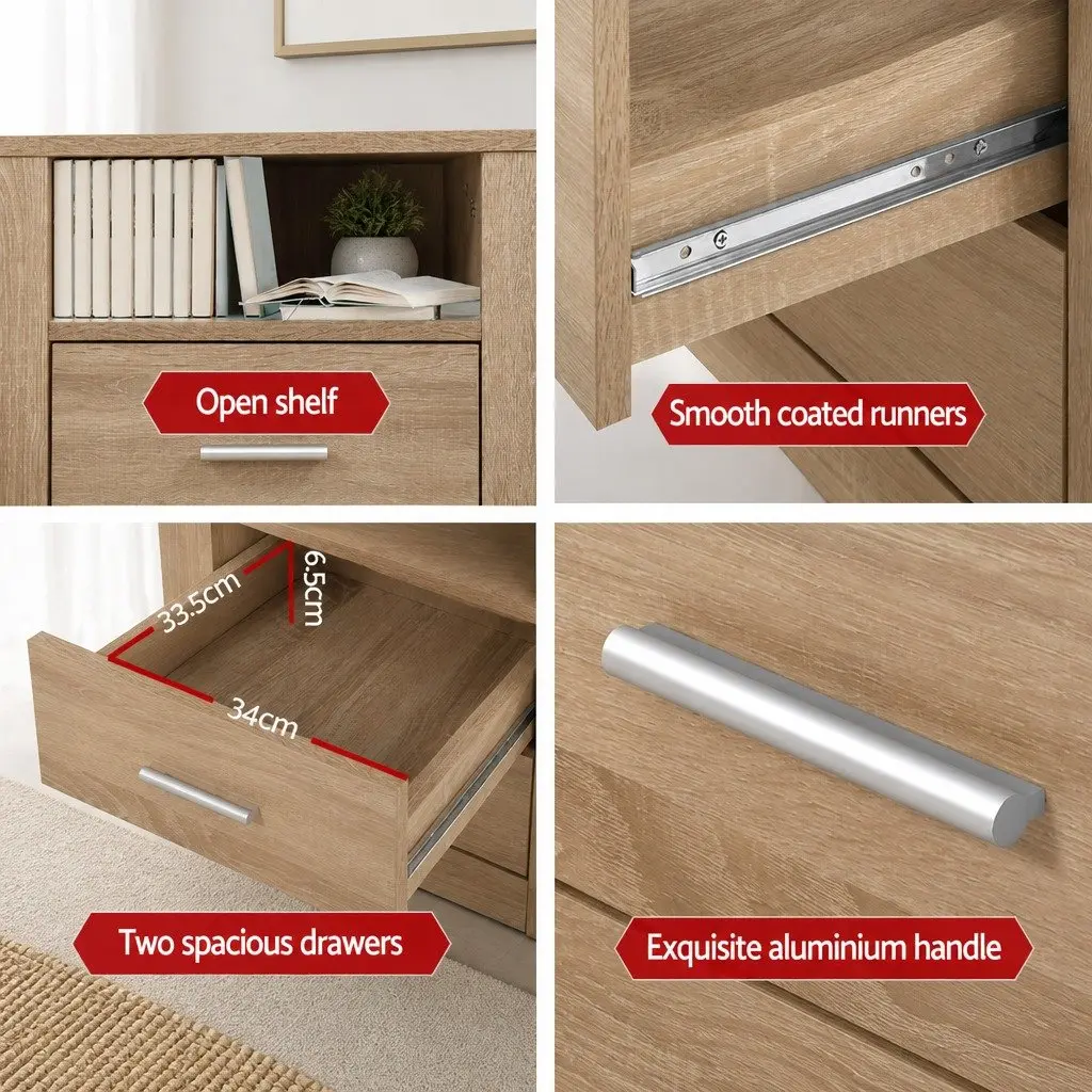 Bedside Table 2 Drawers with Shelf Oak Nightstand Storage Bedroom Furniture