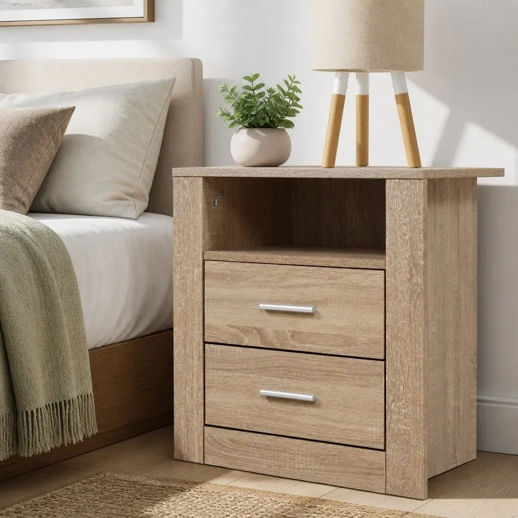 Bedside Table 2 Drawers with Shelf Oak Nightstand Storage Bedroom Furniture