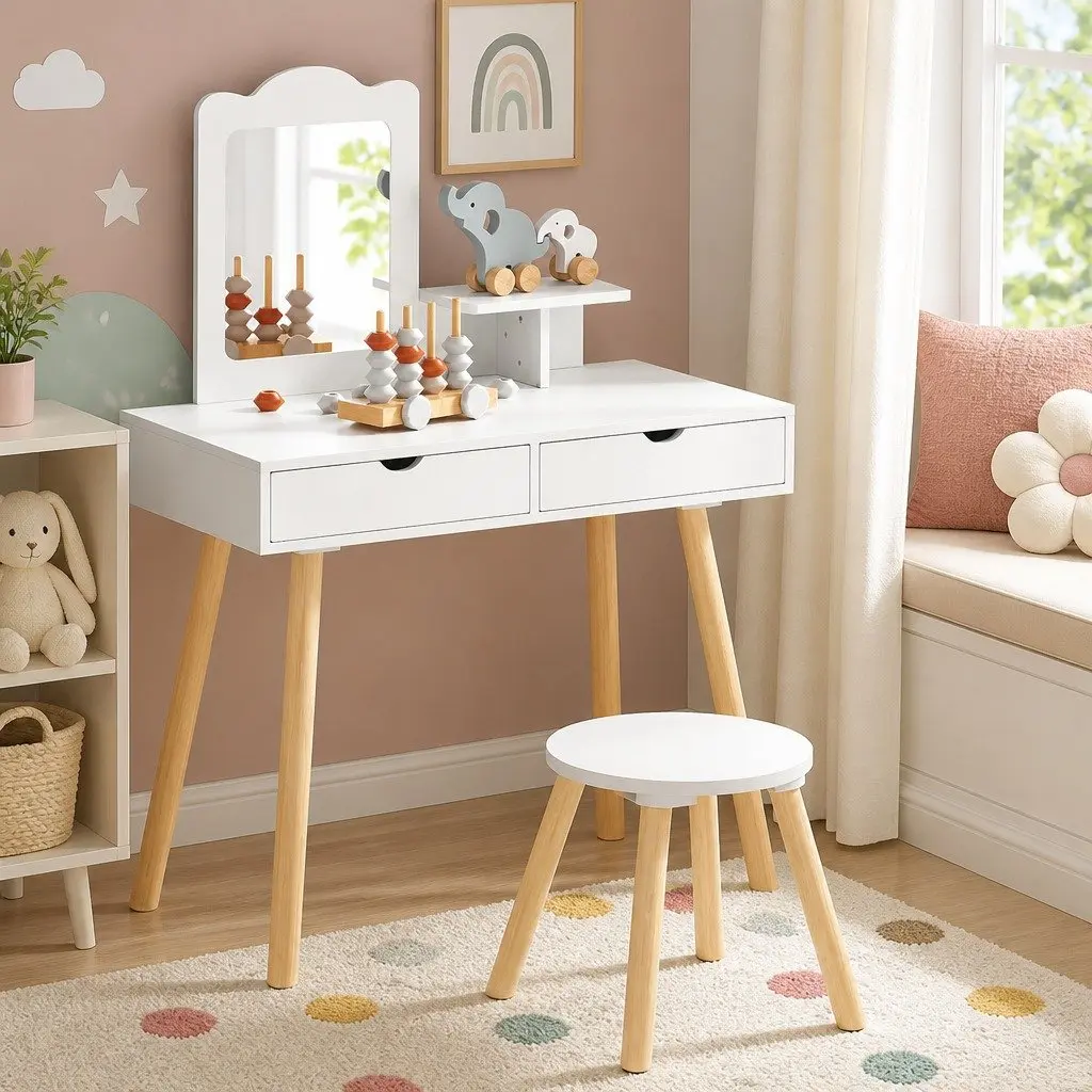 Kids Dressing Table Vanity Set with Chair Mirror Makeup Storage Wooden Legs