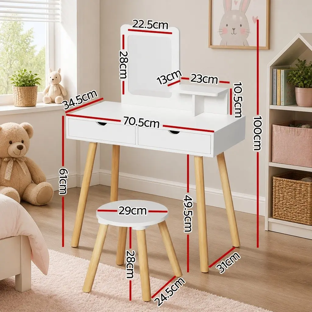 Kids Dressing Table Vanity Set with Chair Mirror Makeup Storage Wooden Legs