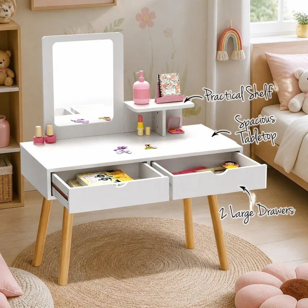 Kids Dressing Table Vanity Set with Chair Mirror Makeup Storage Wooden Legs
