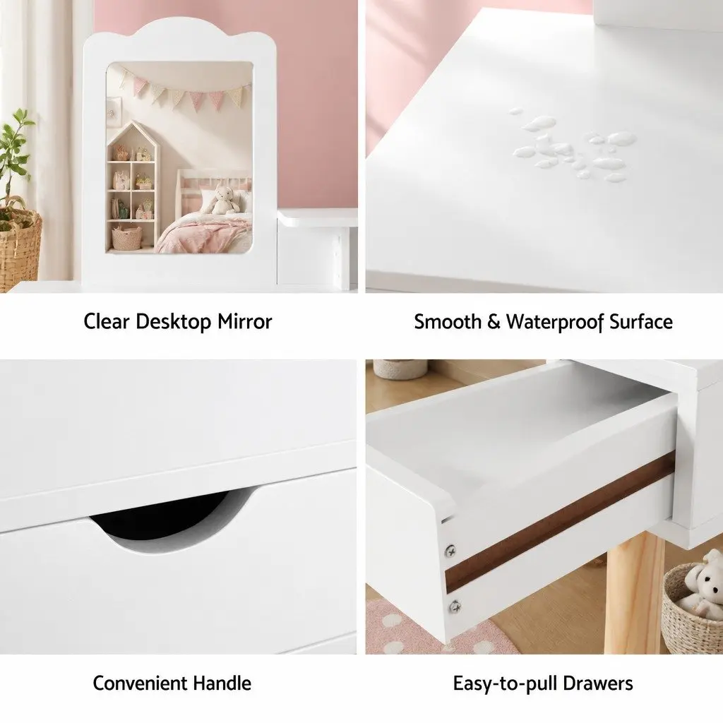 Kids Dressing Table Vanity Set with Chair Mirror Makeup Storage Wooden Legs