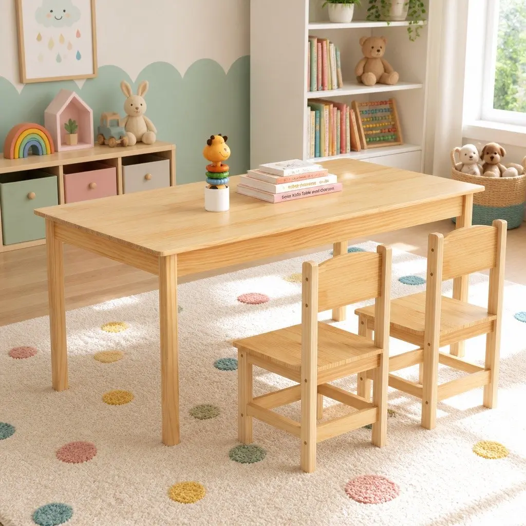 Kids Table and 2 Chairs Set Pinewood Playroom Study Desk