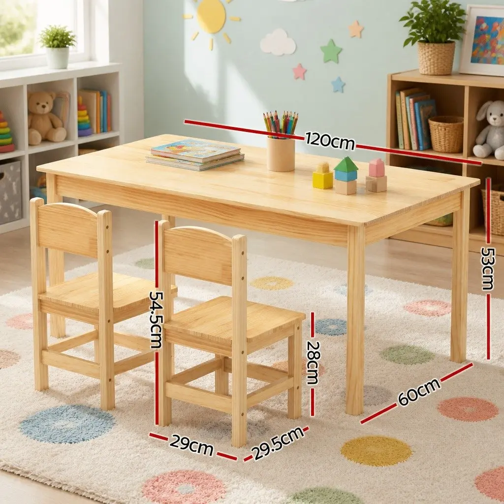 Kids Table and 2 Chairs Set Pinewood Playroom Study Desk