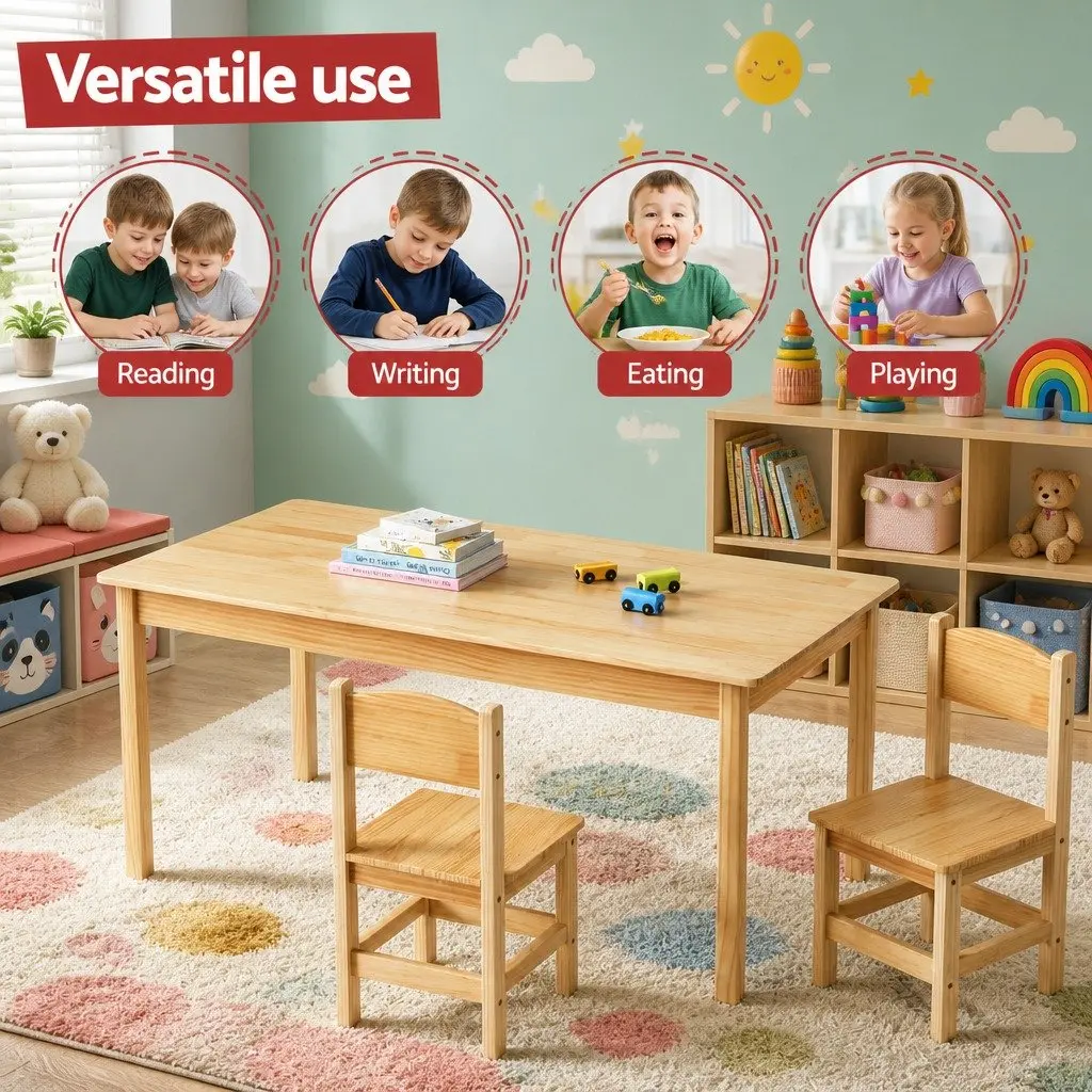 Kids Table and 2 Chairs Set Pinewood Playroom Study Desk