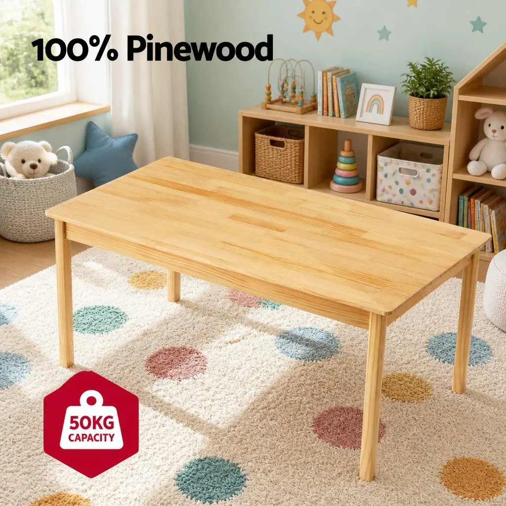 Kids Table and 2 Chairs Set Pinewood Playroom Study Desk