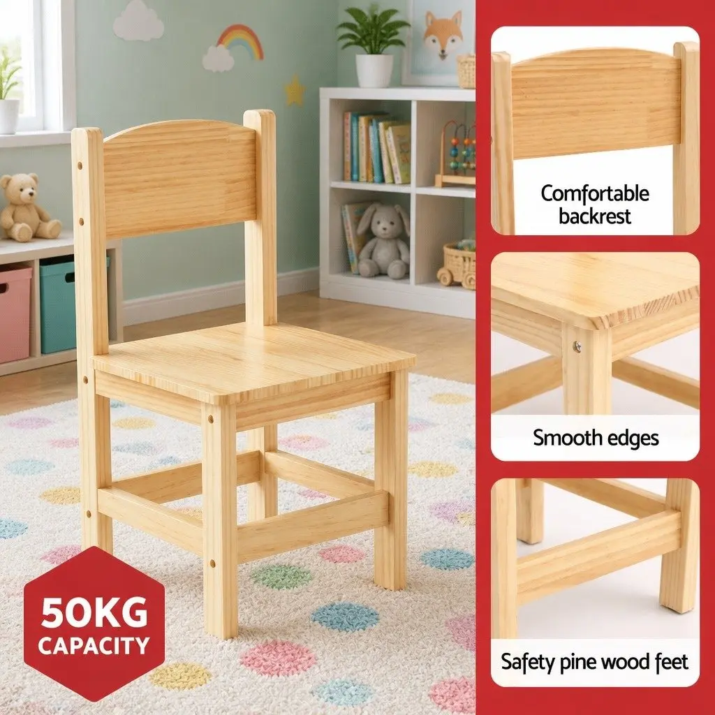 Kids Table and 2 Chairs Set Pinewood Playroom Study Desk