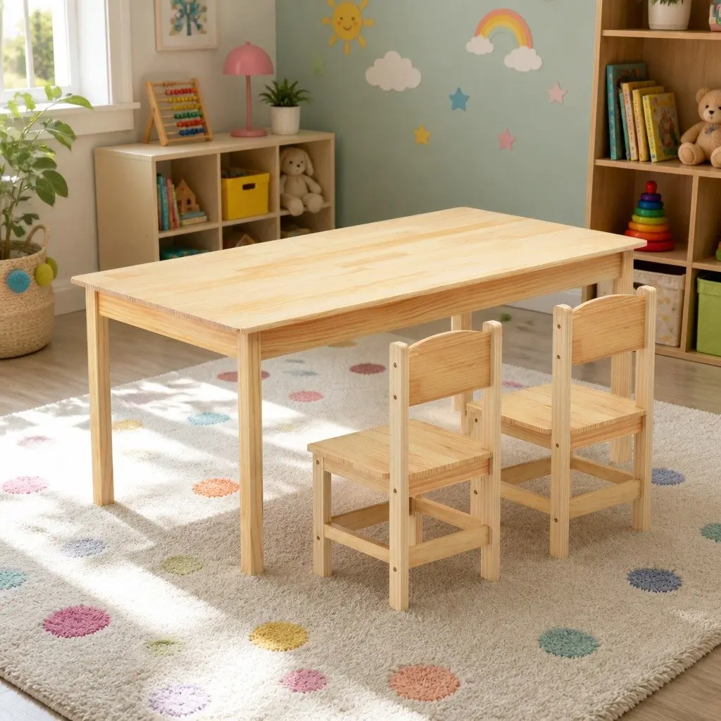 Kids Table and 2 Chairs Set Pinewood Playroom Study Desk