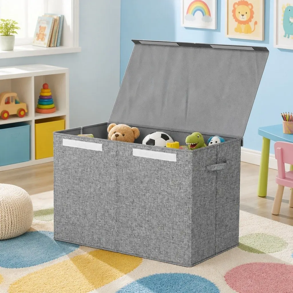 Toy Box Chest Storage Organizer Flip-Top Lid Foldable Bins Grey Collapsible
