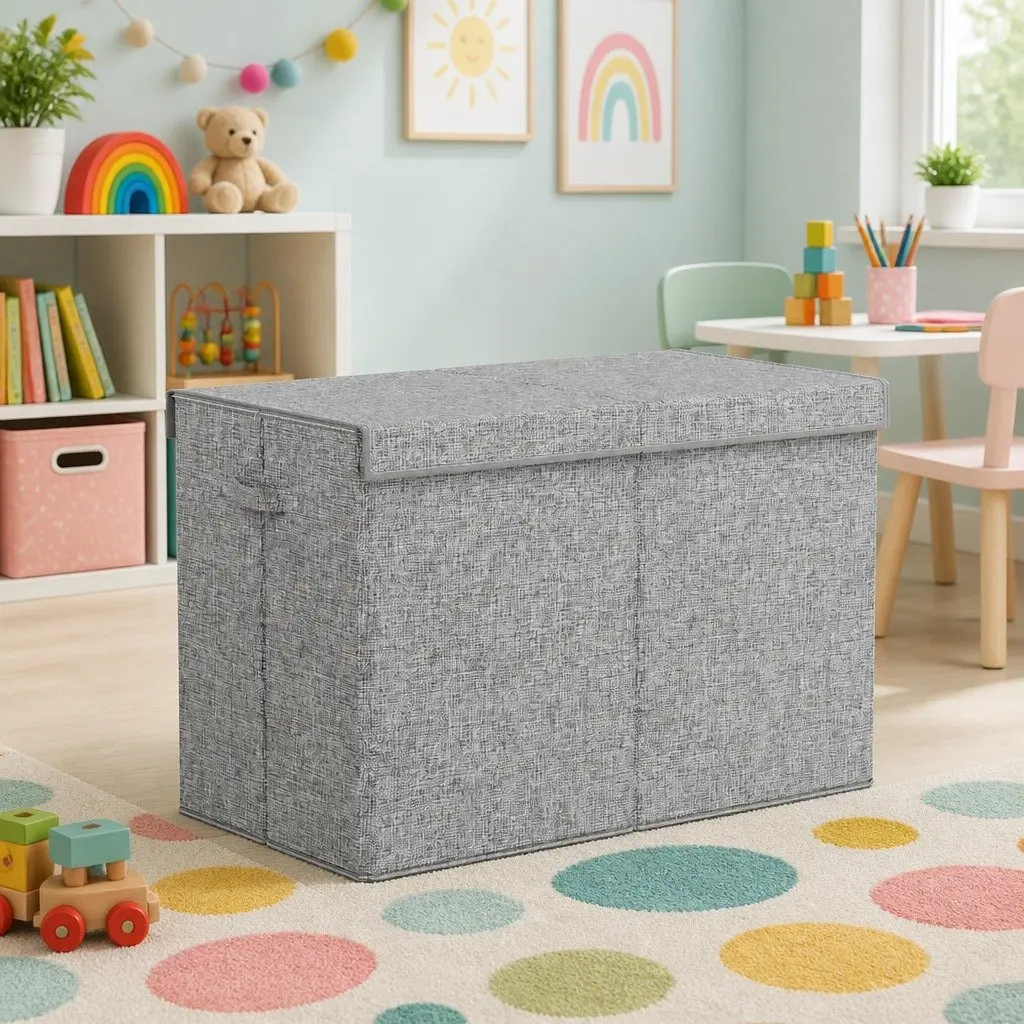 Toy Box Chest Storage Organizer Flip-Top Lid Foldable Bins Grey Collapsible