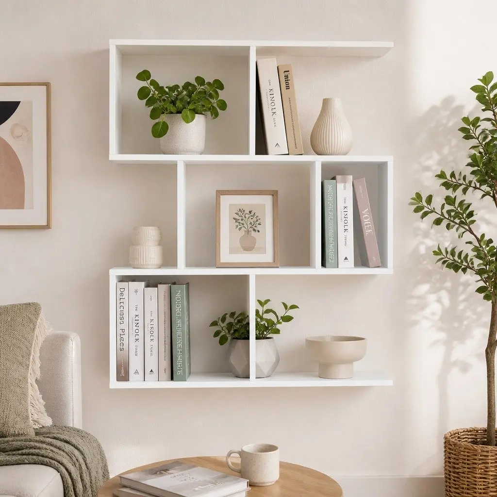 Floating Wall Shelf 3-Tier Storage Organiser for Living Room White Yellow