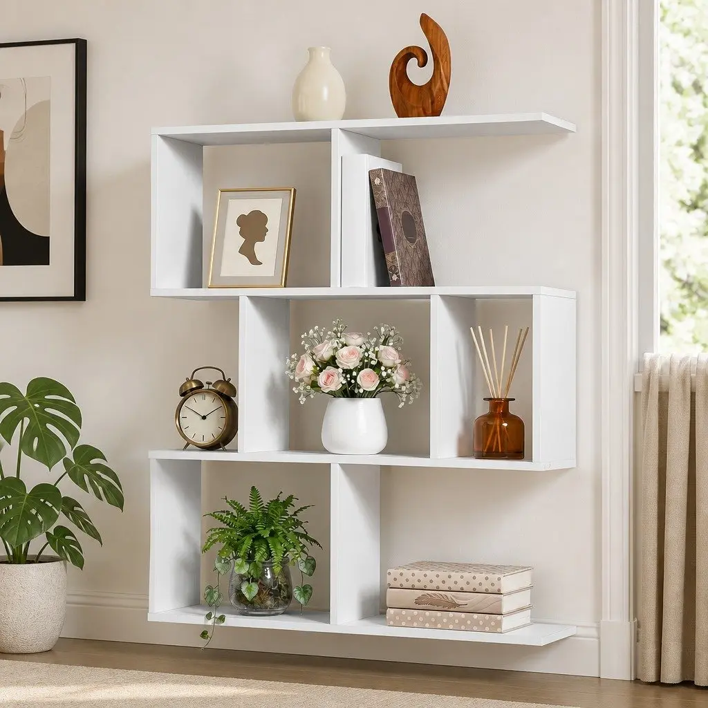 Floating Wall Shelf 3-Tier Storage Organiser for Living Room White Yellow