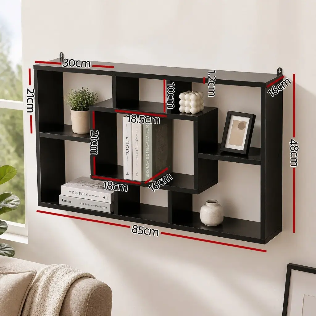 Floating Wall Shelf Bookcase with 8 Display Compartments Black