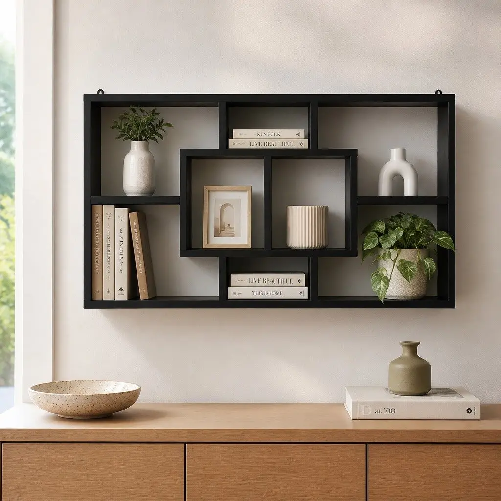Floating Wall Shelf Bookcase with 8 Display Compartments Black
