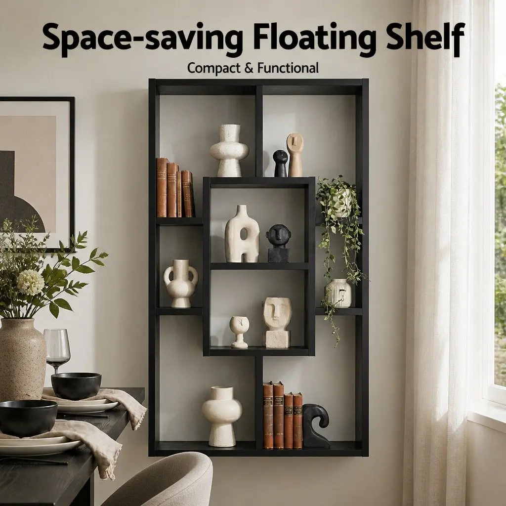 Floating Wall Shelf Bookcase with 8 Display Compartments Black