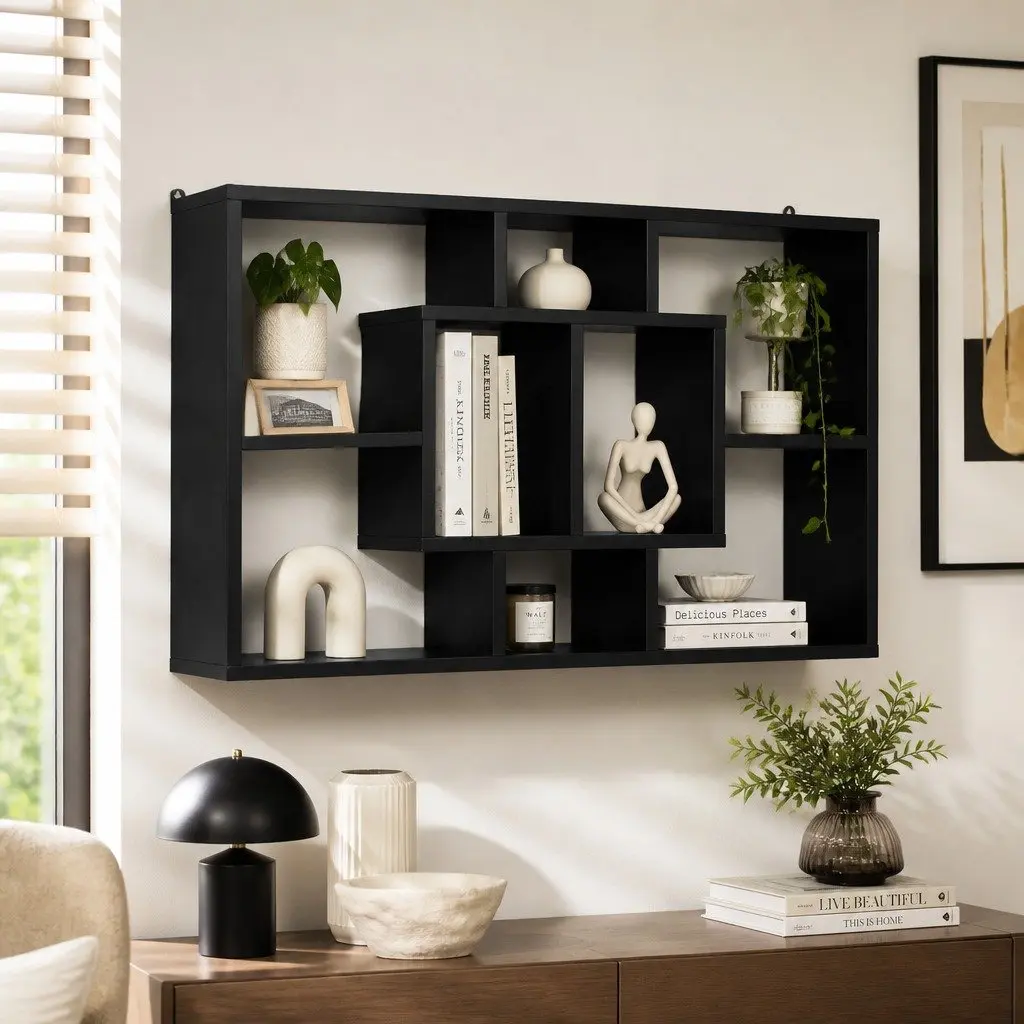 Floating Wall Shelf Bookcase with 8 Display Compartments Black