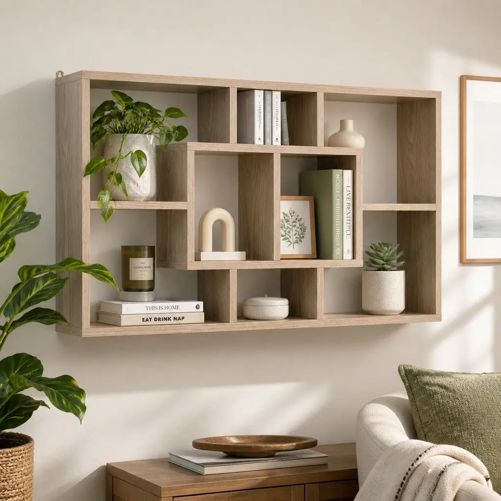 Floating Wall Shelf Display Unit 8 Compartment Bookcase Organiser Vertical
