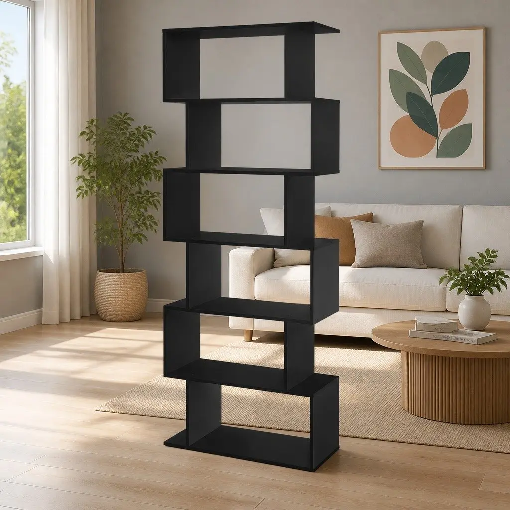 6-Tier Display Bookshelf S-Shape Storage Shelving Unit Living Room Black