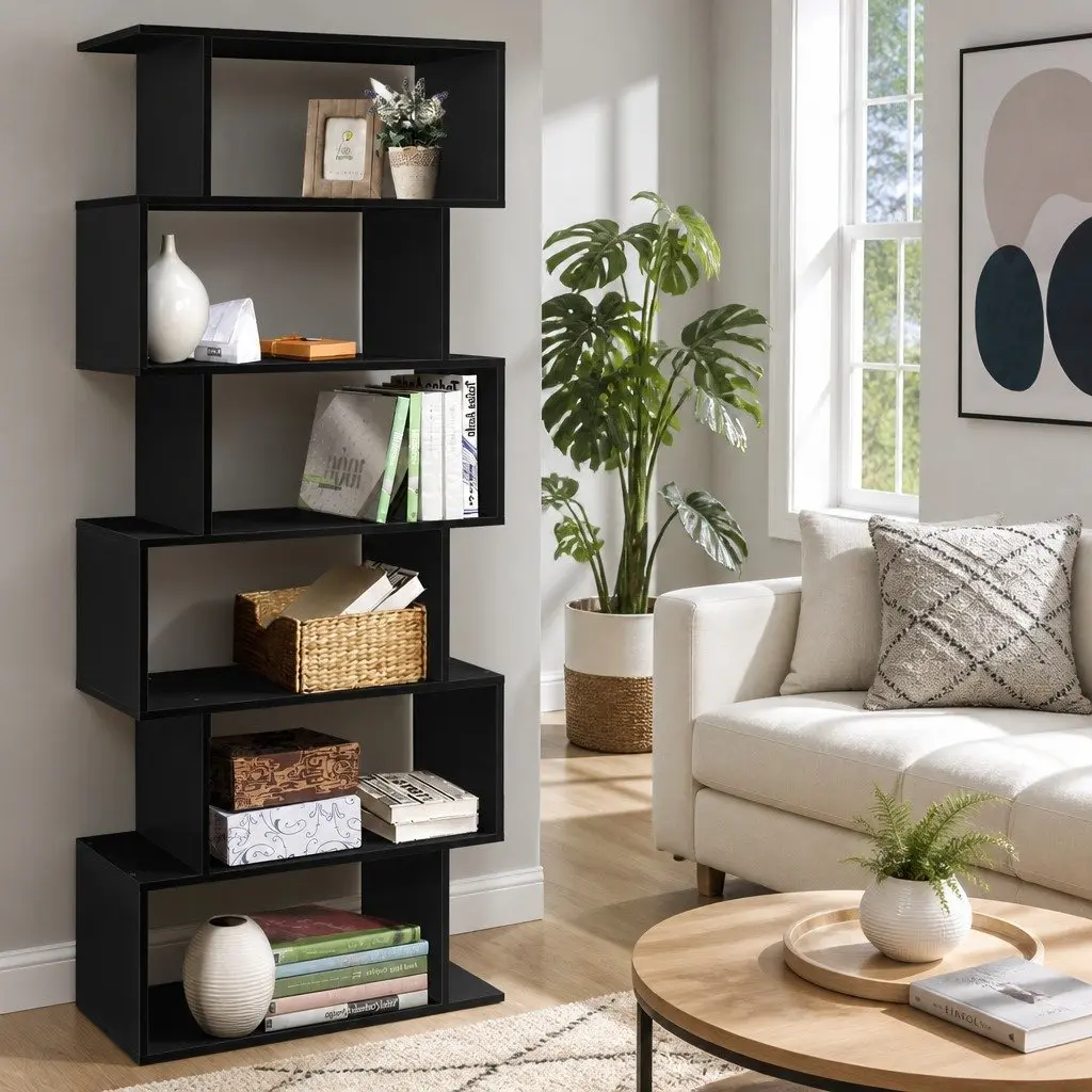 6-Tier Display Bookshelf S-Shape Storage Shelving Unit Living Room Black