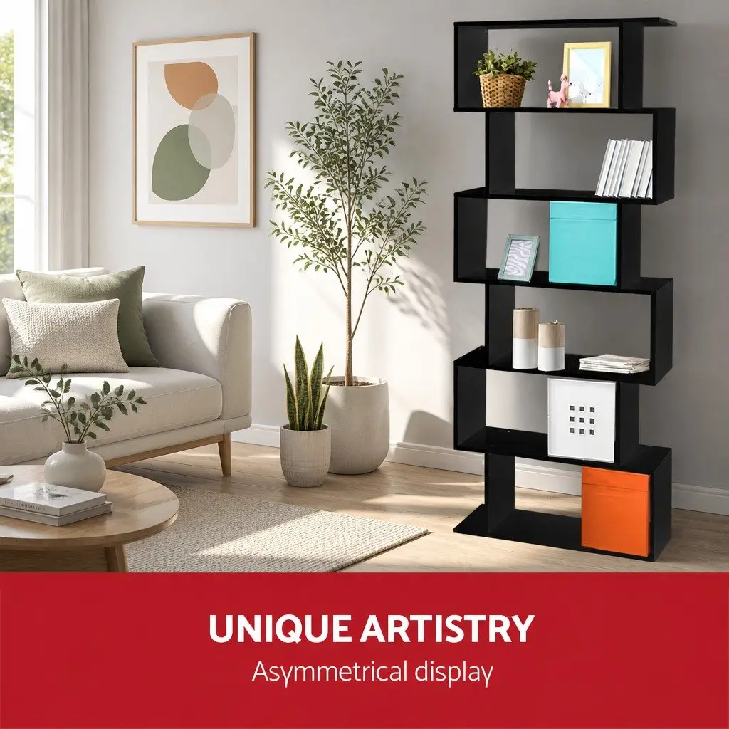6-Tier Display Bookshelf S-Shape Storage Shelving Unit Living Room Black