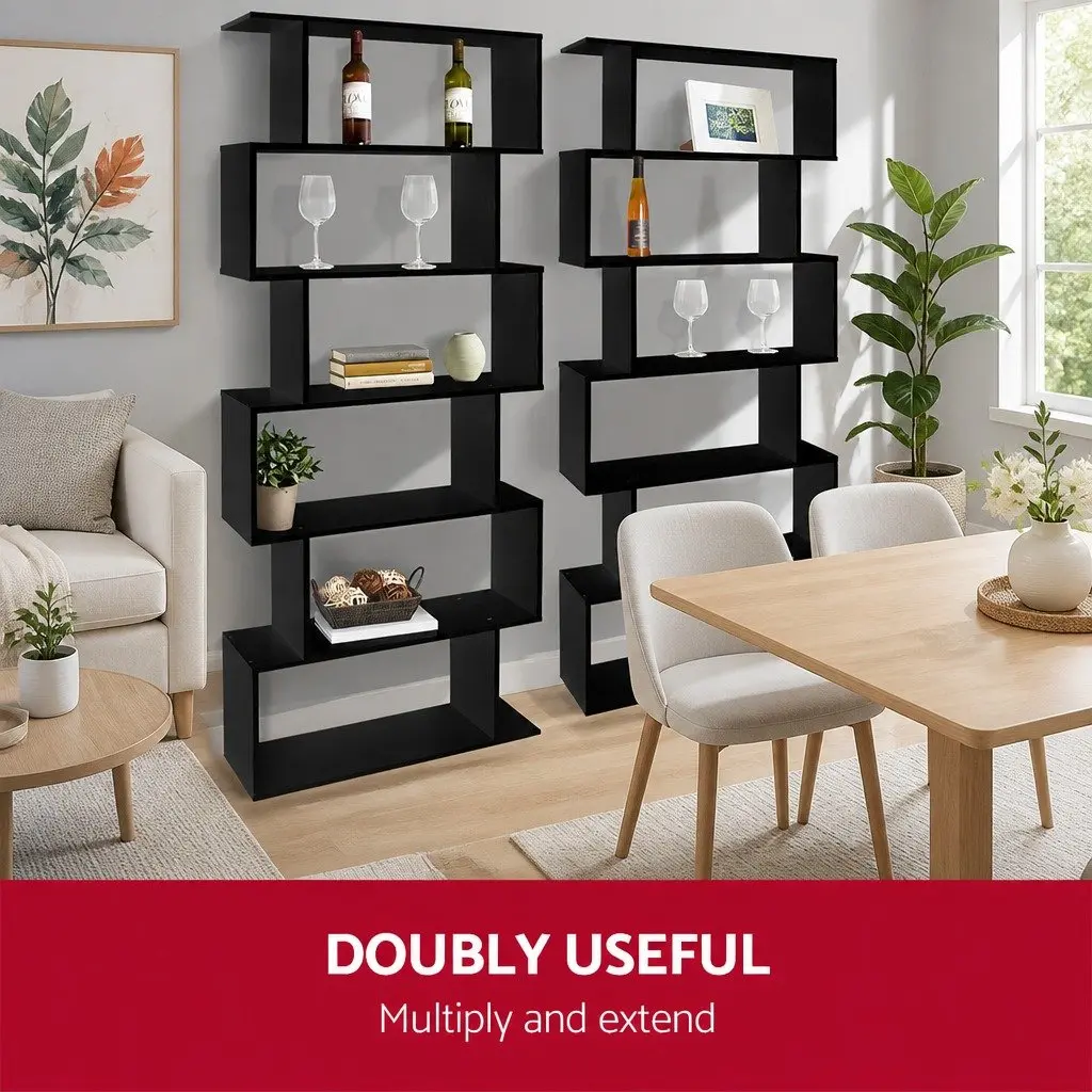 6-Tier Display Bookshelf S-Shape Storage Shelving Unit Living Room Black