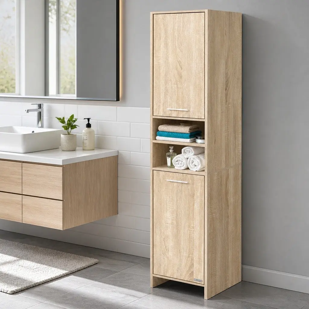 Tall Bathroom Cabinet Storage Oak Wooden Shelving Unit 185cm