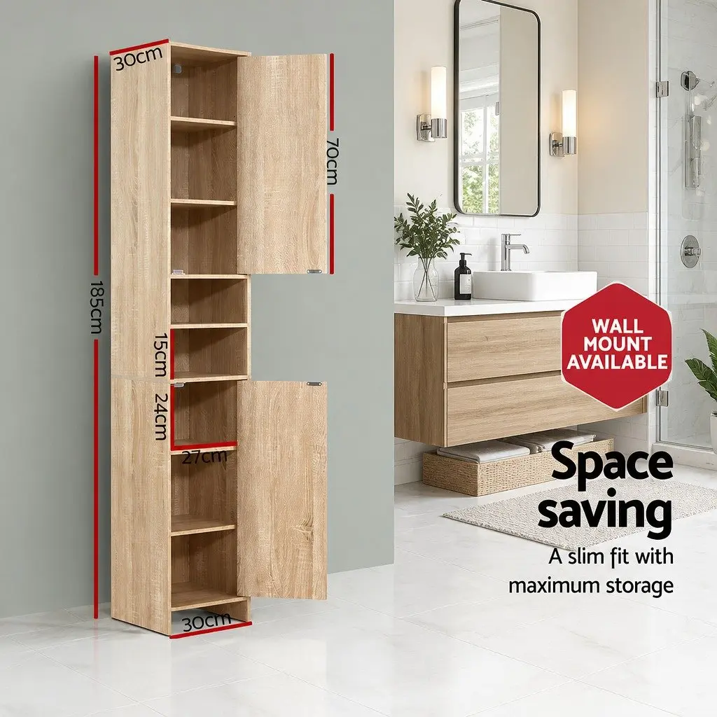 Tall Bathroom Cabinet Storage Oak Wooden Shelving Unit 185cm