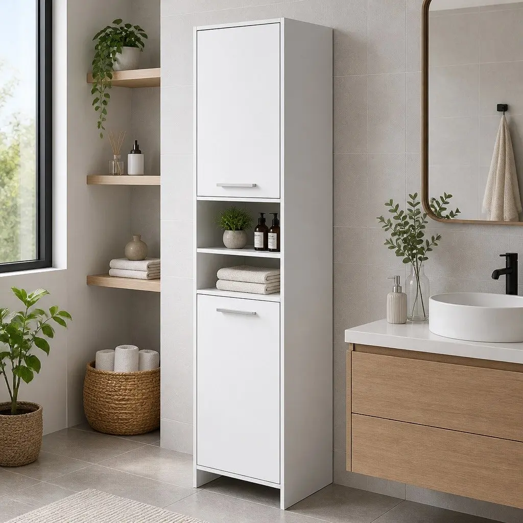 Tall Bathroom Cabinet Storage Slim White 185cm Space Saving Narrow Cupboard
