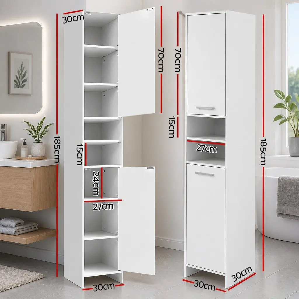 Tall Bathroom Cabinet Storage Slim White 185cm Space Saving Narrow Cupboard
