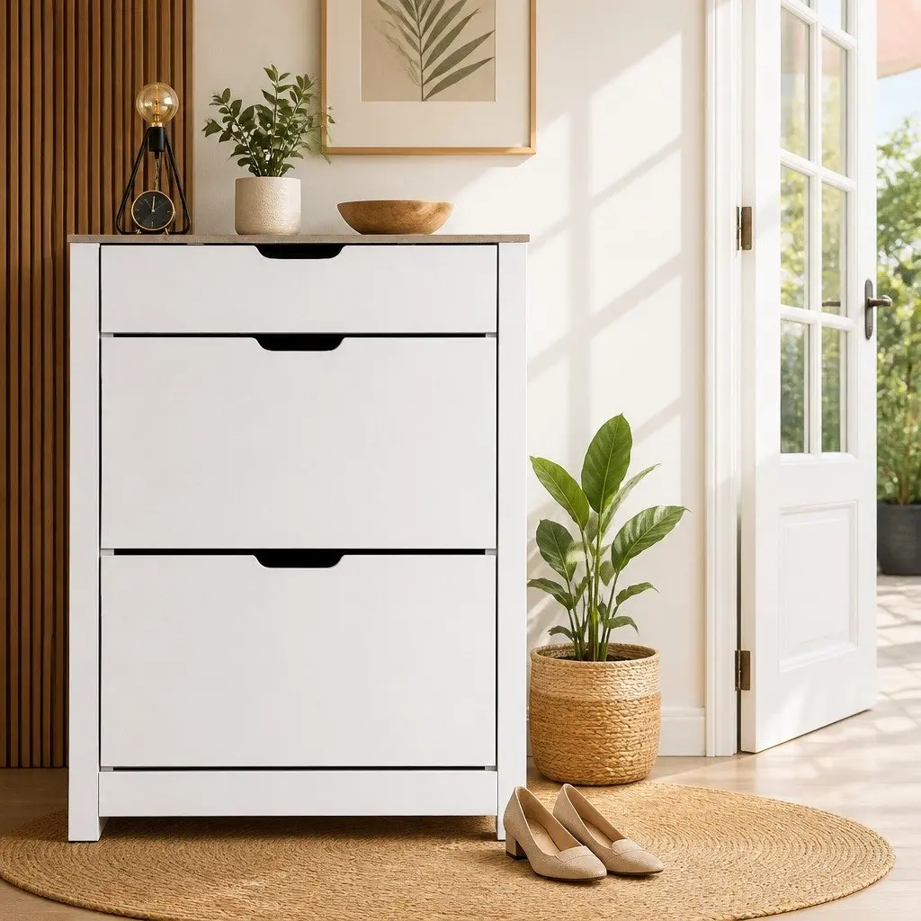Shoe Rack Cabinet for Entrance Hallway 16 Pairs White Wood Storage Organiser