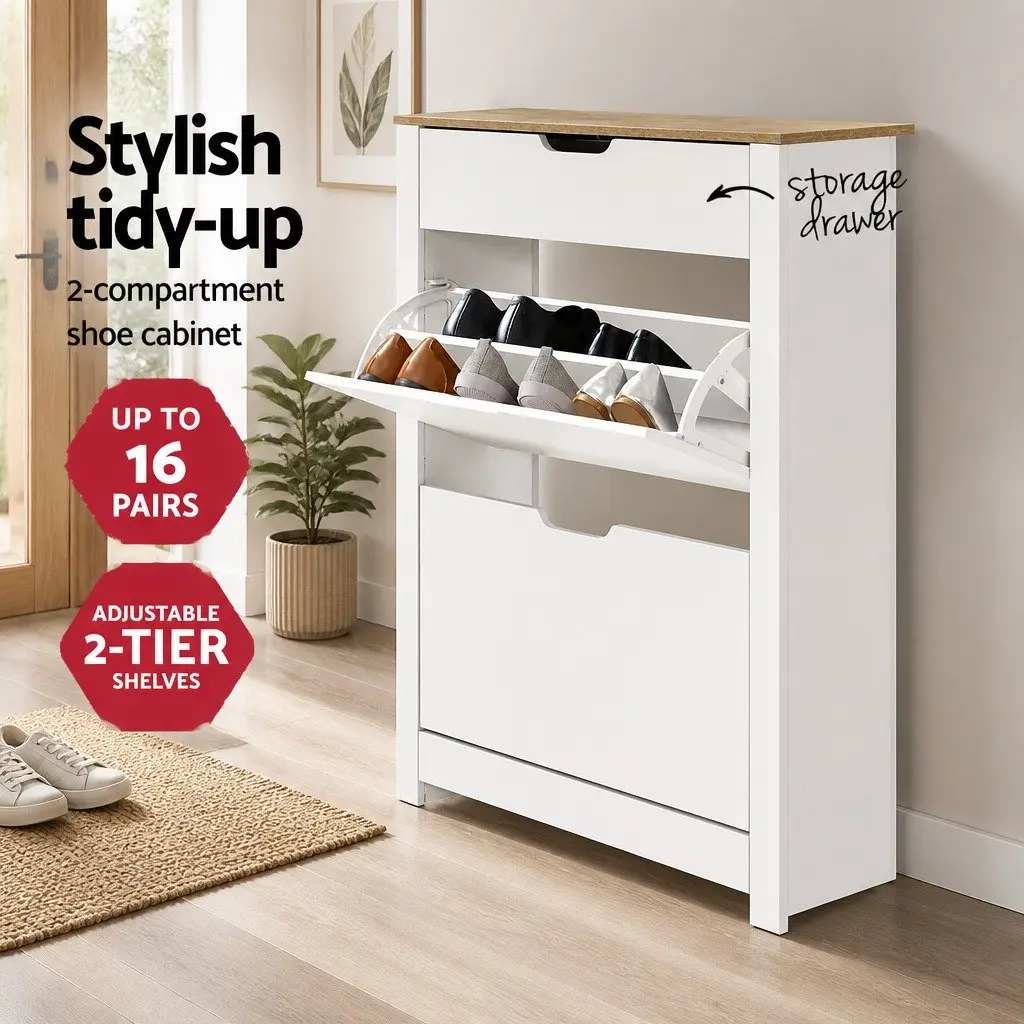 Shoe Rack Cabinet for Entrance Hallway 16 Pairs White Wood Storage Organiser