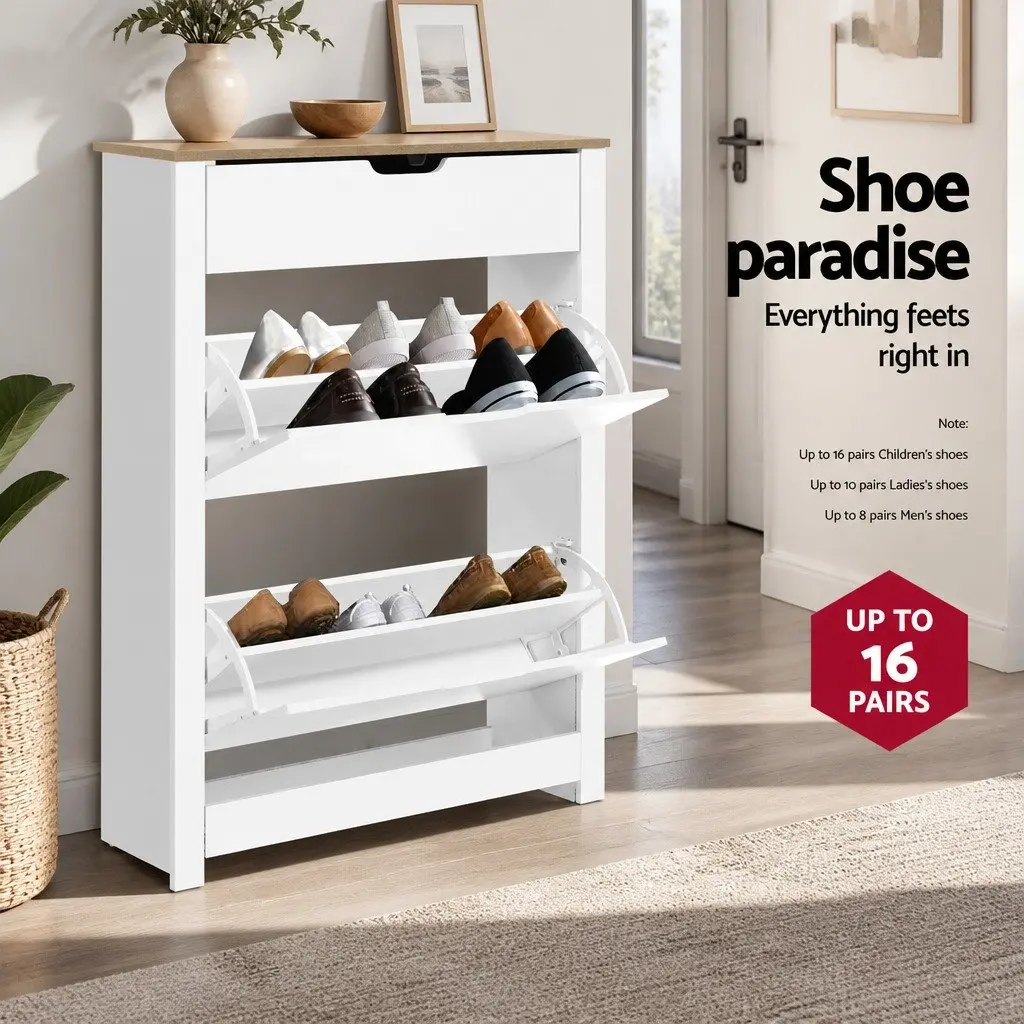 Shoe Rack Cabinet for Entrance Hallway 16 Pairs White Wood Storage Organiser