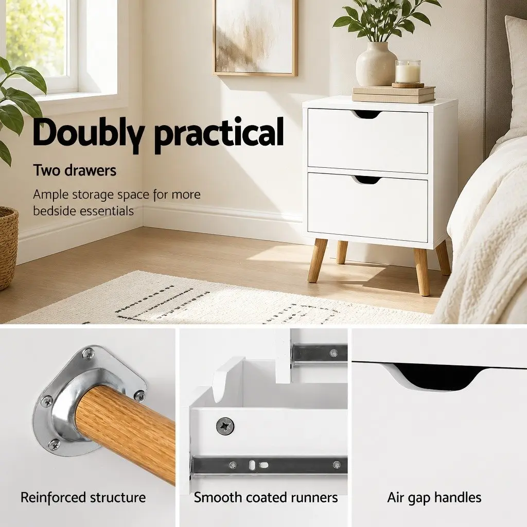 Bedside Table 2 Drawers Scandinavian Design Splayed Legs Storage White