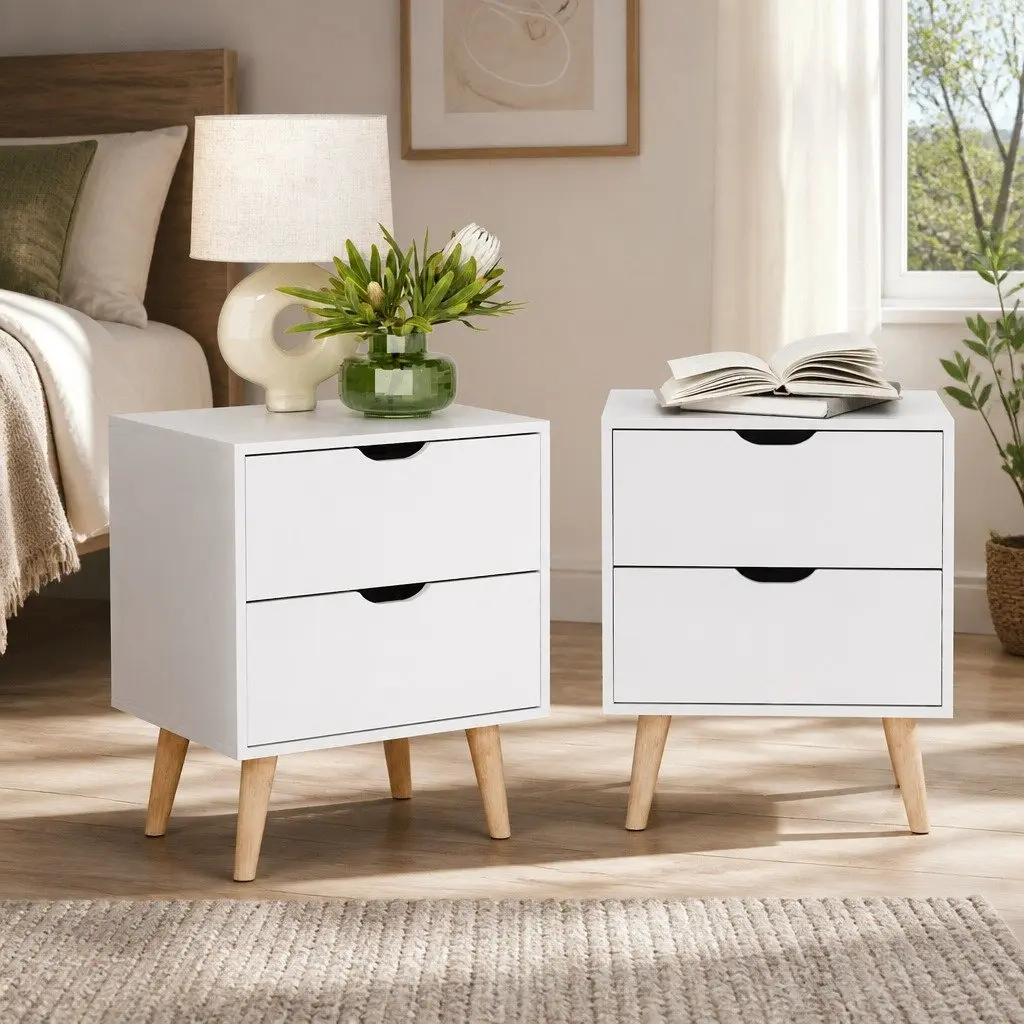 Bedside Table for Bedroom 40cm W x 30cm D x 50cm H White Modern 2 Drawers Storage Nightstand with Splayed Legs