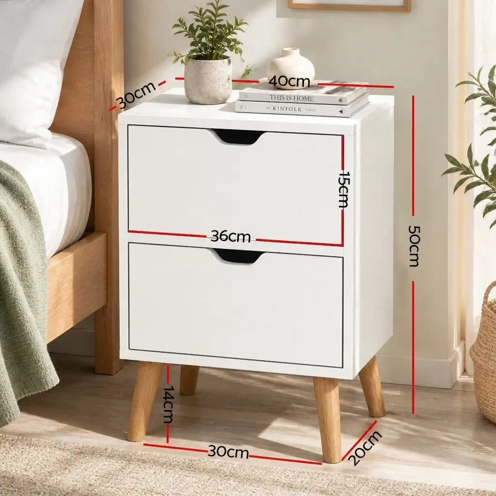 Bedside Table for Bedroom 40cm W x 30cm D x 50cm H White Modern 2 Drawers Storage Nightstand with Splayed Legs