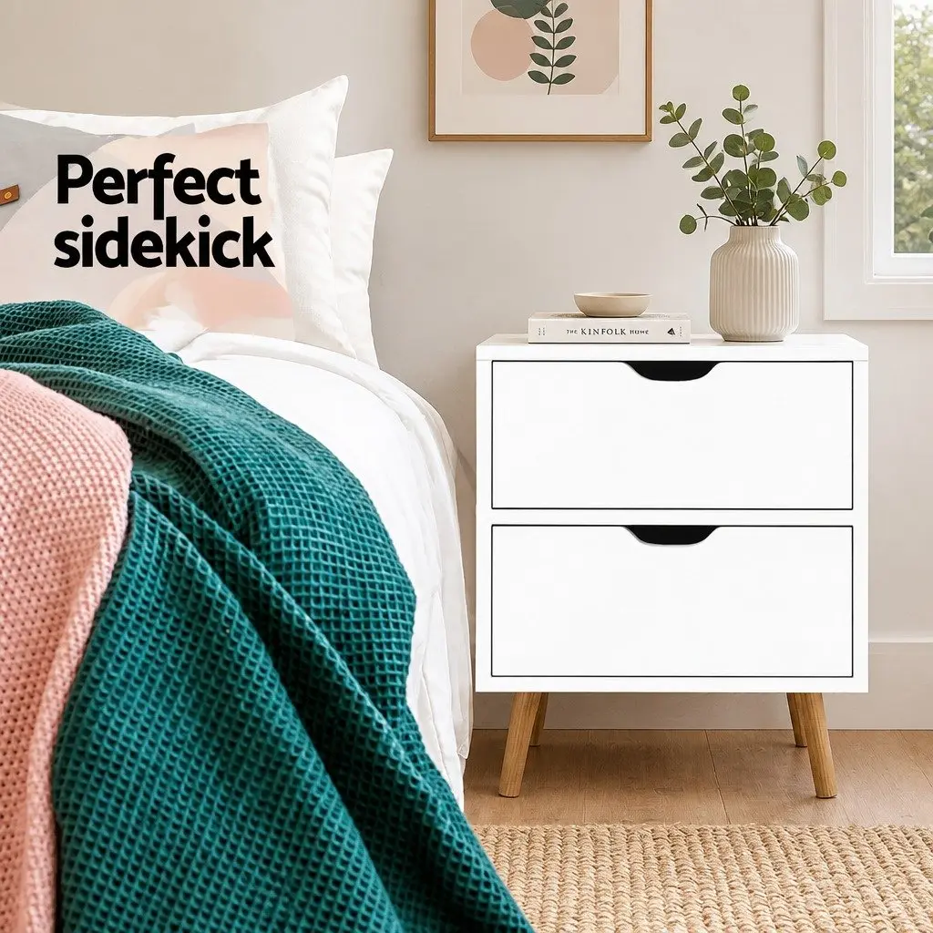 Bedside Table for Bedroom 40cm W x 30cm D x 50cm H White Modern 2 Drawers Storage Nightstand with Splayed Legs