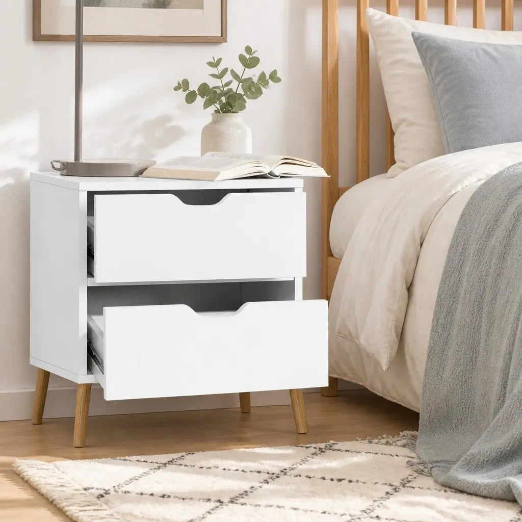 Bedside Table for Bedroom 40cm W x 30cm D x 50cm H White Modern 2 Drawers Storage Nightstand with Splayed Legs
