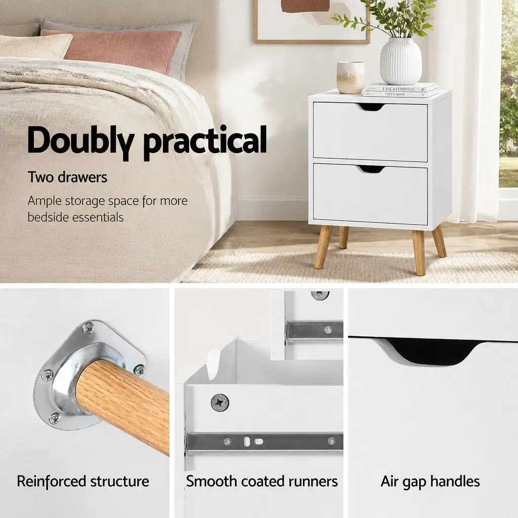 Bedside Table for Bedroom 40cm W x 30cm D x 50cm H White Modern 2 Drawers Storage Nightstand with Splayed Legs