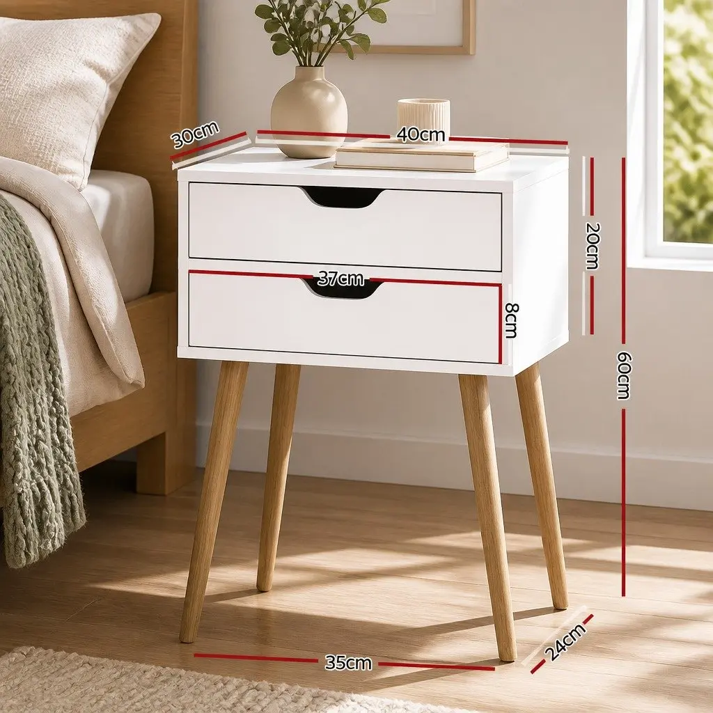 Bedside Table 2 Drawers White Scandinavian Design Bedroom Furniture Storage
