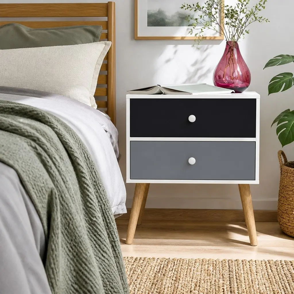 Bedside Table 2 Drawers Scandinavian Design Bedroom Nightstand Storage Furniture