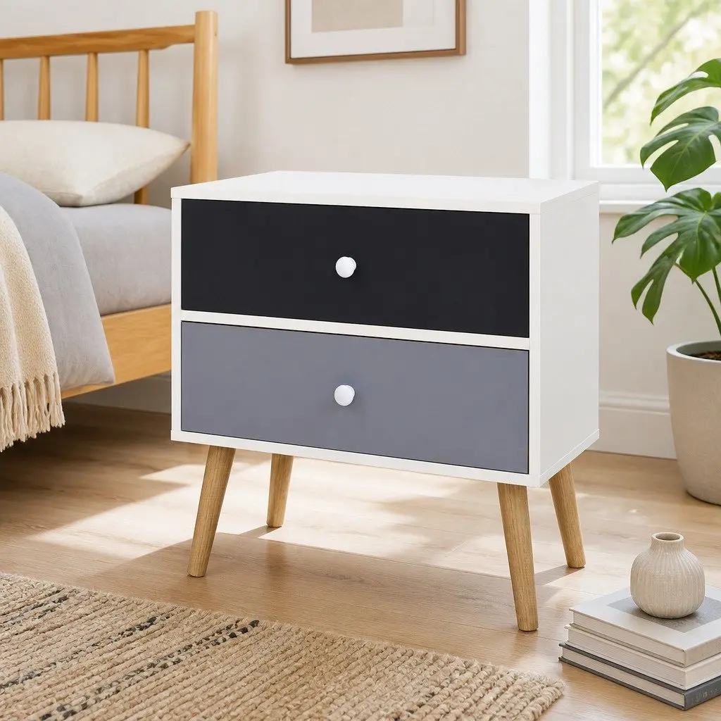 Bedside Table 2 Drawers Scandinavian Design Bedroom Nightstand Storage Furniture