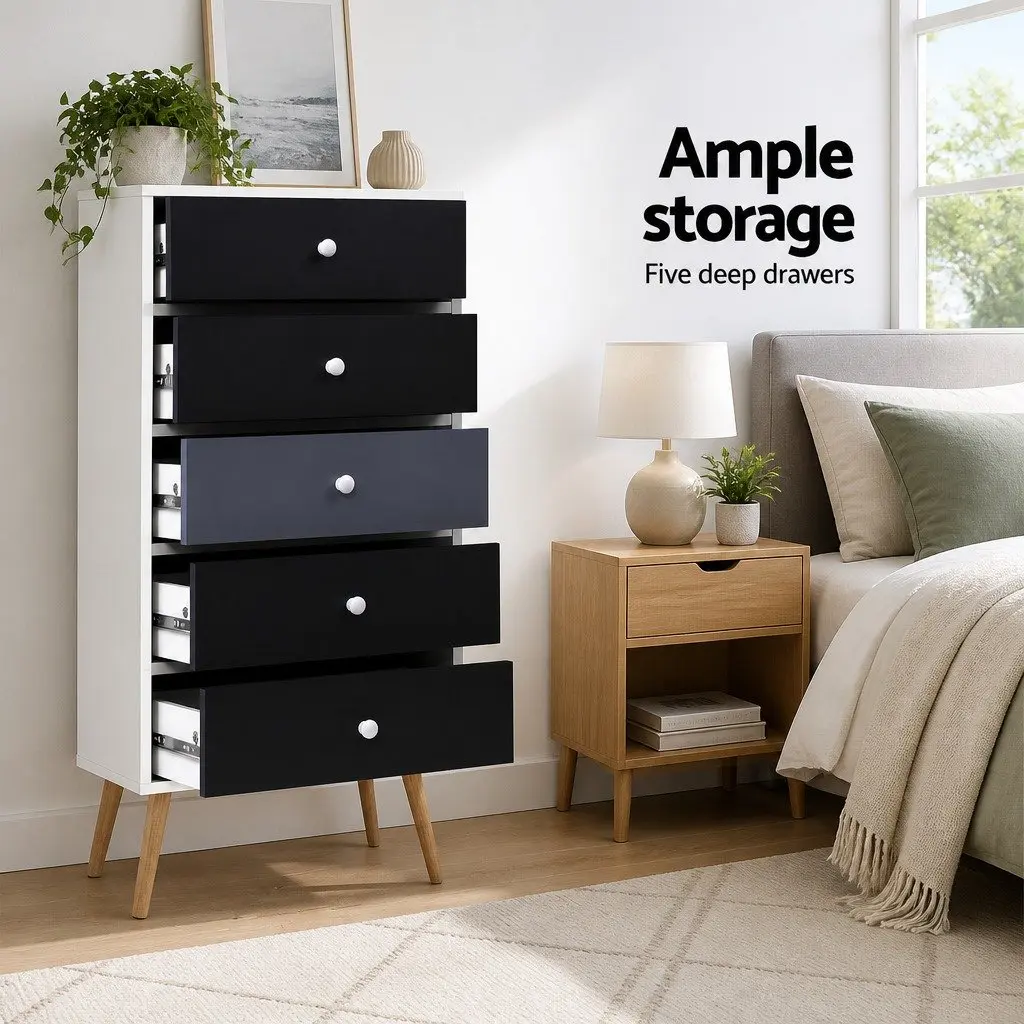 5-Drawer Chest of Drawers Bedroom Dresser Tallboy Storage Cabinet Wooden Legs
